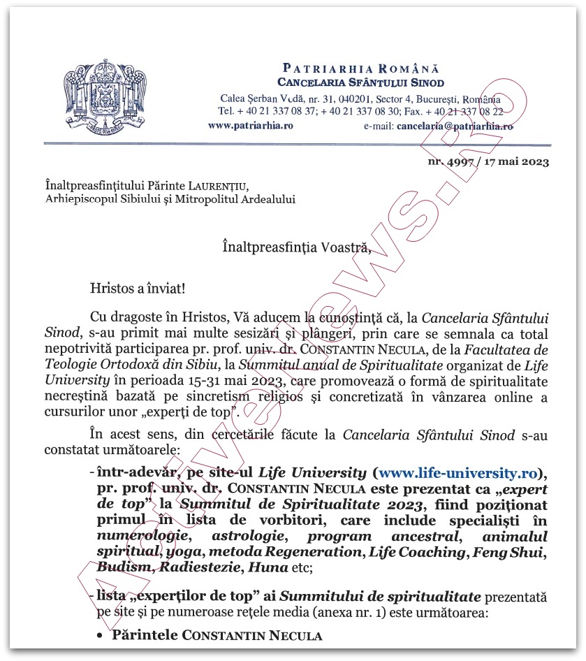 Comunicat oficial al Patriarhiei Române - Cancelaria Sfântului Sinod, privind implicarea Părintelui Constantin Necula într-o acțiune pseudo-spirituală de sincretism religios