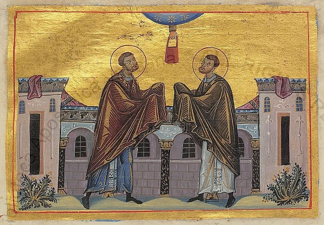 Reprezentarea Sfinților făcători de minuni și doctori fără arginți Cosma și Damian, cei din Asia, în manuscrisul Menologului lui Vasile al II-lea, Împăratul Bizanțului, din jurul anului 1024