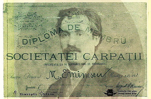 Ilustrație cu Diploma lui Mihai Eminescu de Membru al Societății Carpații, înființată la 24 ianuarie 1882 (copia după original, în text, via Augustin Z.N. Pop)