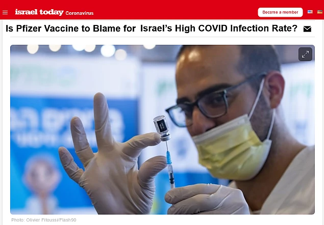 Captură: Israel Today, care se întreabă dacă Vaccinul Pfizer poate fi învinuit pentru nivelul ridicat de infectare cu Covid din Israel
