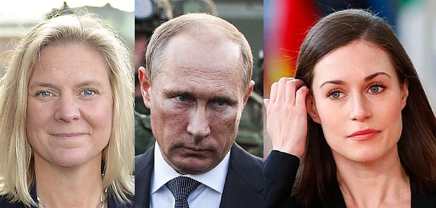 Foto, de la stânga la dreapta: Prim-ministra Suediei, președintele Rusiei și prim-ministra Finlandei.