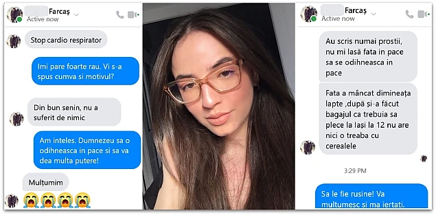 Foto-colaj: Tânăra studentă Diana Andreea Farcaș și conversația ActiveNews cu mama acesteia via mesageria Facebook