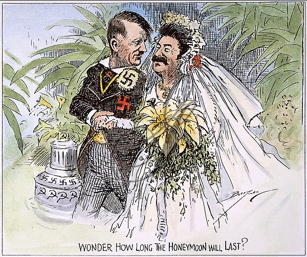 Caricatură apărută după semnarea Pactului Hitler - Stalin (Molotov - Ribbentrop) din 23 august 1939, în publicația Evening Star, realizată de Clifford K. Berryman, cu textul „Oare cât va dura luna de miere?”