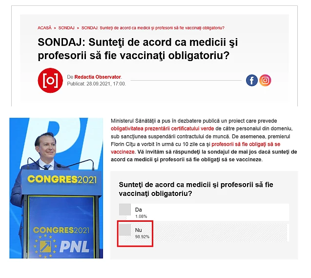 SONDAJ de ținut minte: 98,92% dintre românii care s-au pronunțat într-o consultare publică se opun ca medicii și profesorii să fie vaccinați obligatoriu. Semnați AICI Manifestul Românilor contra vaccinării obligatorii
