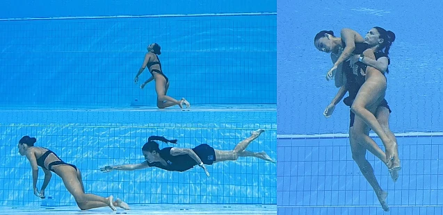 Salvată de antrenoare după ce a leșinat pe fundul bazinului de înot la Budapesta chiar în timpul exercițiului de natație artistică. Salvamarii unguri nu s-au mișcat. FOTOGRAFIILE ZILEI