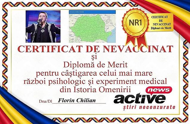 Certificatele de Nevaccinat se dau ca pâinea caldă pe internet. Florin Chilian a primit de la ActiveNews primul Certificat și Diploma de Merit pentru câștigarea celui mai mare război psihologic și experiment medical din Istoria Omenirii. DOCUMENT